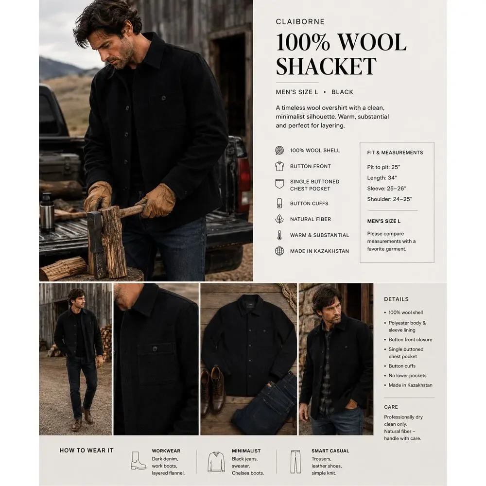 Claiborne Men’s 100% Wool Shacket Sz L Charcoal Overshirt Shirt Jacket NWOT